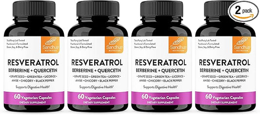 Resveratrol with Berberine for Gut Health | Digestive Supplement for Women and Men | Green Tea, Star Anise, DGL, Grape Seed Extract and Quercetin | Eases Bloating | 240 Vegetarian Capsules for Adults