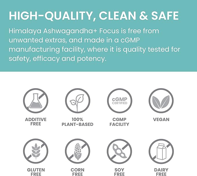 Himalaya Ashwagandha+ Focus with Ashwagandha, Bacopa, Rosemary & Green Tea for Memory, Focus and Clarity, 60 Capsules, 1 Month Supply, Vegan, Gluten Free