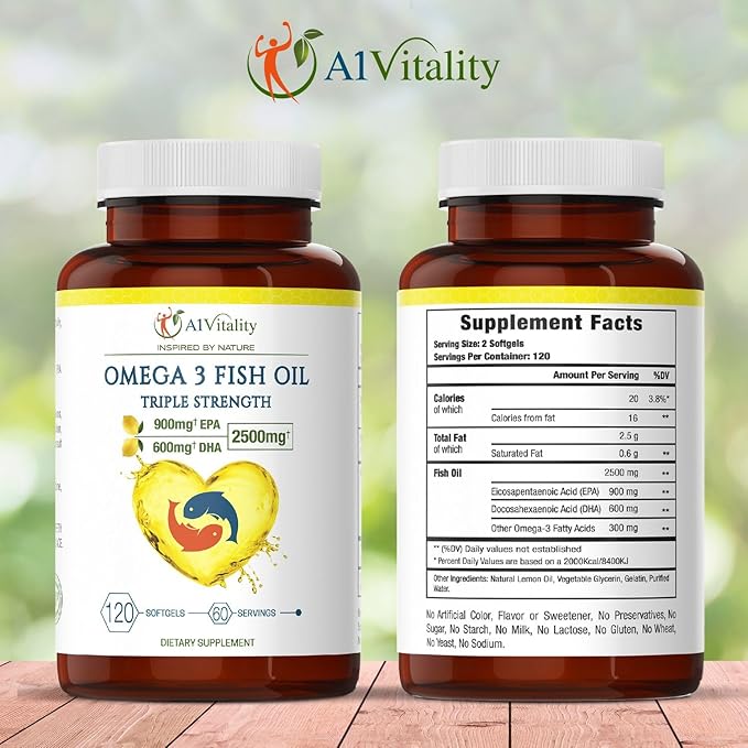 Omega 3 Triple Strength EPA DHA Supplement - 2500mg Lemon Flavored Burpless Fish Oil - High Potency 900mg EPA 600mg DHA Supports Circulation, Brain, Heart, Eye, Skin, Bone & Joints - 120 Softgels