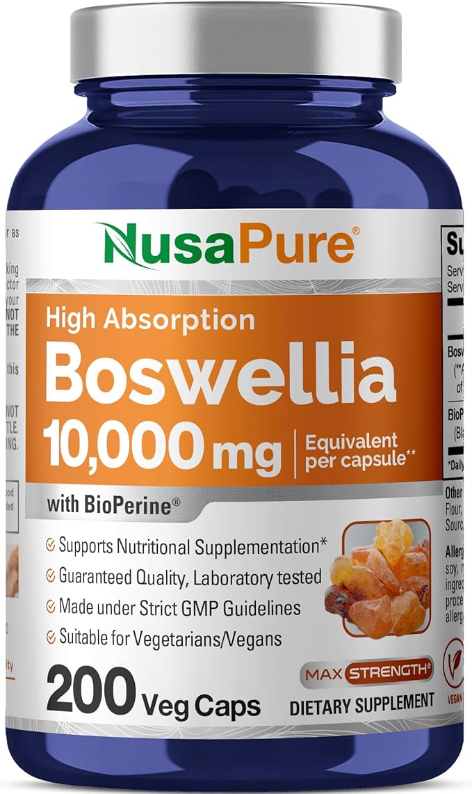 NusaPure Boswellia Serrata 10,000 mg Per Veggie Caps 200 Count (Ext. 20:1, Non-GMO, Vegan, Bioperine) Ayurvedic Herb: Indian Olibanum, Frankincense