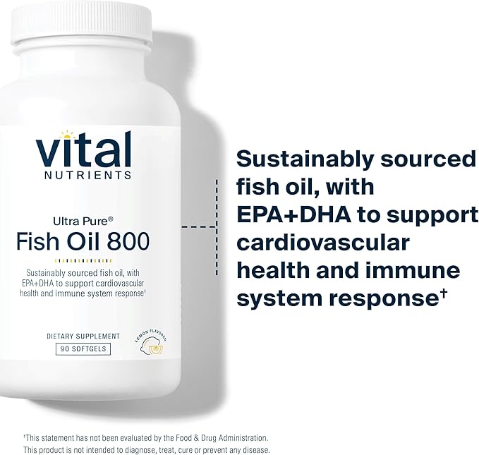 Vital Nutrients Ultra Pure® Fish Oil 800 | Supports Heart, Brain, & Immune Health* | Sustainably Sourced High EPA & DHA Omega-3 Fatty Acid | Lemon Flavor | Gluten, Dairy, Soy Free | 90 Softgels