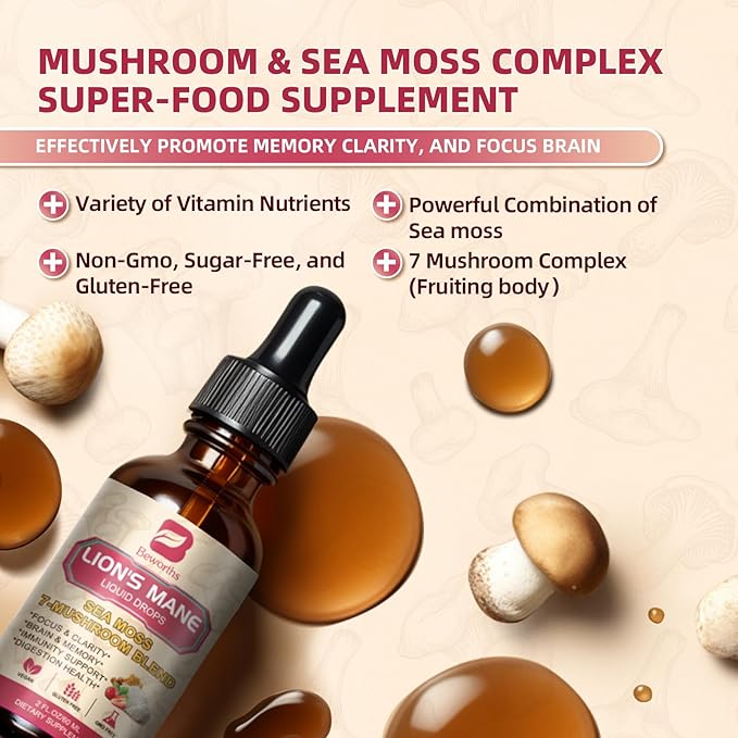 Lions Mane Supplement Mushroom Drops with 6-Mushroom Complex & Irish Sea Moss – Vegan Lion's Mane Liquid for Cognitive Support, Immune & Digestive Health – Dual Extraction, Non-GMO, Strawberry Flavor