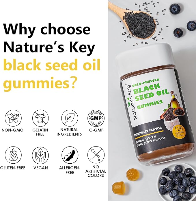 Nature's Key Black Seed Oil Gummies,Support Immunity, Joints, Digestion, Hair & Skin | Cold-Pressed, with 200mg Nigella Sativa Seed Oil, Vitamin C, Ginger, Pomegranate (Blueberry Flavor 120 Count)