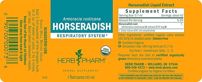 Herb Pharm Certified Organic Horseradish Liquid Extract for Respiratory System Support - 1 Ounce (DHRAD01) (Pack of 3)