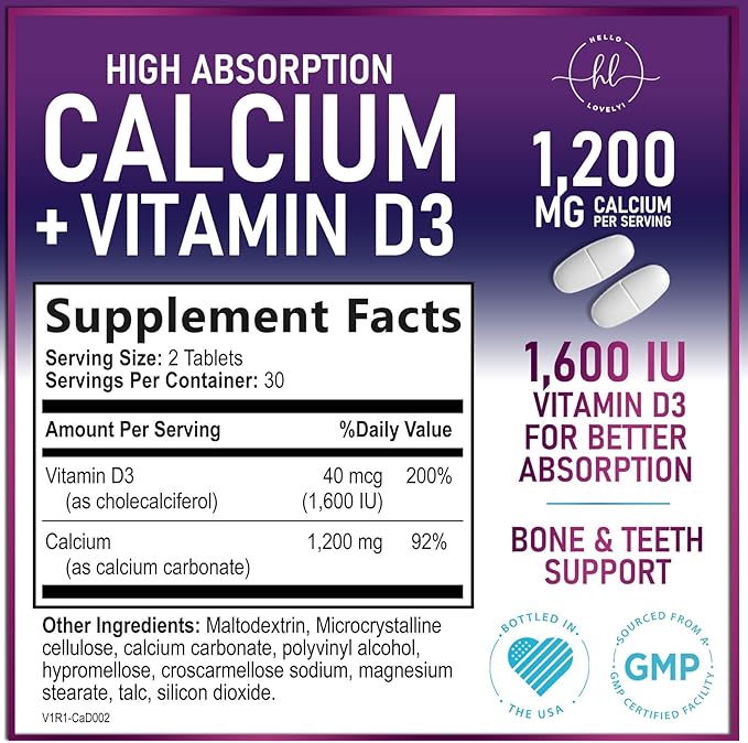 Calcium Supplements for Women 1200 mg Plus 1600 IU Vitamin D3, Bone Health, Teeth & Immune Support - Mineral Supplement with Vitamin D High Absorbable Premium Calcium Carbonate - 60 Tablets
