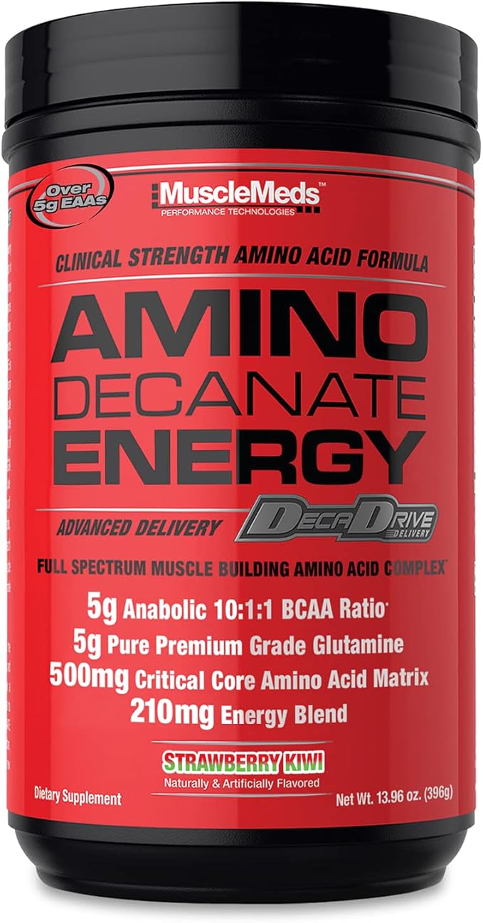 MuscleMeds Amino DECANATE Energy, Pre, Intra Workout Drink, Essential Amino Acids, BCAAs, High Leucine, Glutamine, Muscle Recovery, Strawberry Kiwi, 30 Servings