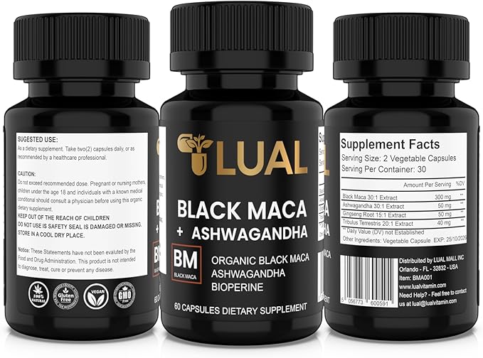 LUAL 30,000mg 30x Strength Organic Black Maca Root with Ashwagandha - Highest Potency Black Maca Root Capsules for Men - 100% Pure Maca Peruana Powder Organic, Gelatinized, Non-GMO - 60 Pills