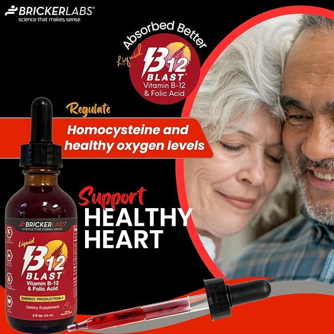 B-12 Blast Liquid Vitamin B12 and Folic Acid Supplement, Support Energy Production, Great Tasting Liquid Vitamin B12 Dietary Supplement in Natural Raspberry Flavor, 2 fl oz Bottle