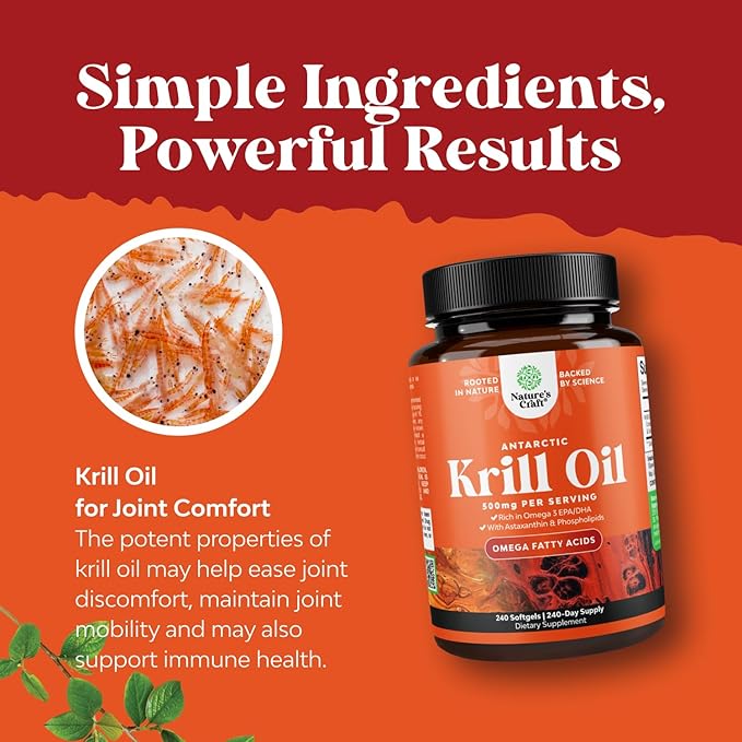 Antarctic Krill Oil 500mg Softgels - Omega 3 Krill Oil Supplement with EPA DHA & Astaxanthin for Brain Joint & Heart - 3rd Party Lab Tested No Gluten GMOs or Fishy Aftertaste (Up to 8 Month Supply)