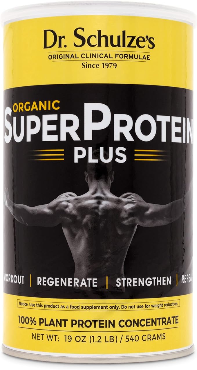 Dr. Schulze's | SuperProtein Plus | 100% Plant Protein Concentrate | Organic Powder Mix | Vitamin B-12 & Spirulina | Dietary Supplement | Build Strong Muscle | Enhance Workout Recovery | 19 Oz.