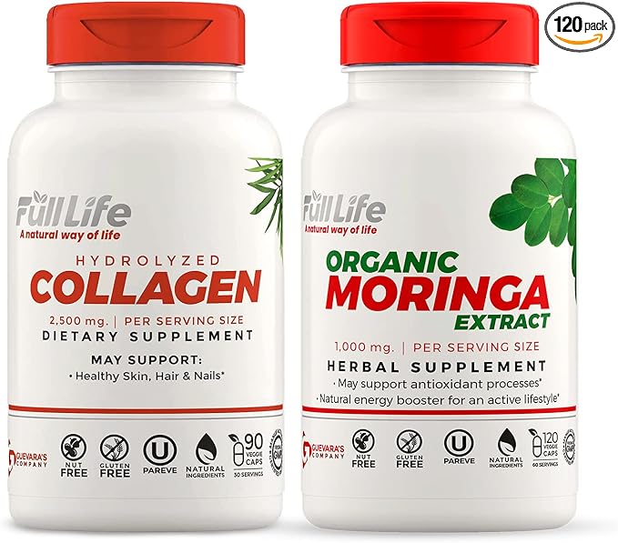Full Life Hydrolyzed Collagen and Moringa Oleifera Capsules - Dietary Supplements - Bovine Collagen Pills for Women and Men, Gluten-Free - Veggie Capsules