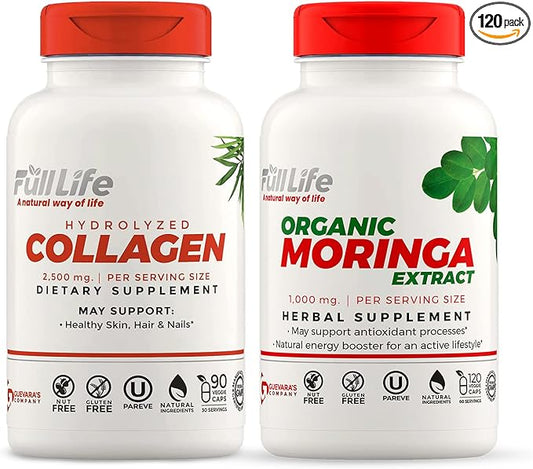Full Life Hydrolyzed Collagen and Moringa Oleifera Capsules - Dietary Supplements - Bovine Collagen Pills for Women and Men, Gluten-Free - Veggie Capsules