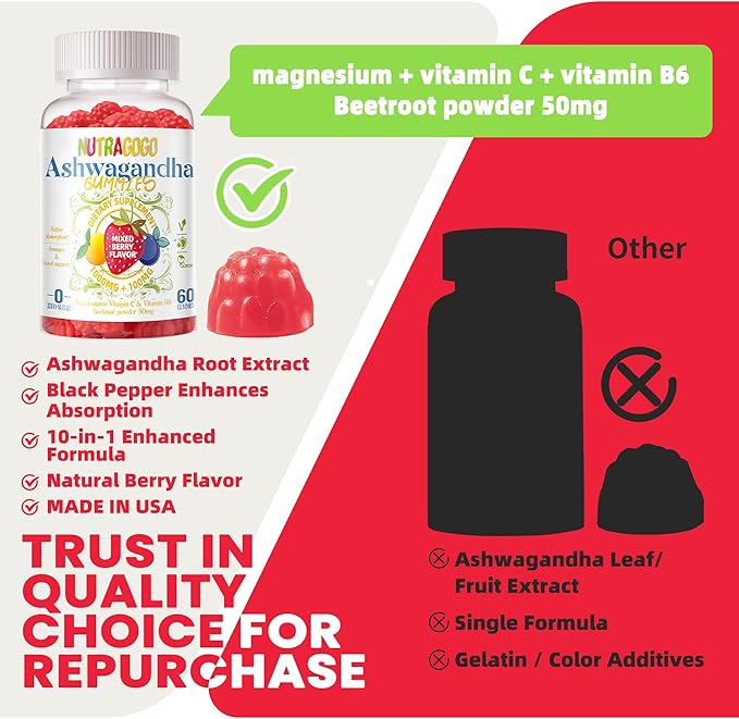 Ashwagandha Gummies & Vitamin D3 Gummies 60 Count - Organic Aswangdha Supplement for Improve Sleep, Stress Relief & Mood Calm(Mixed Berry, Vegan, Plant Based,Gluten-Free & Gelatin Free)-1pack