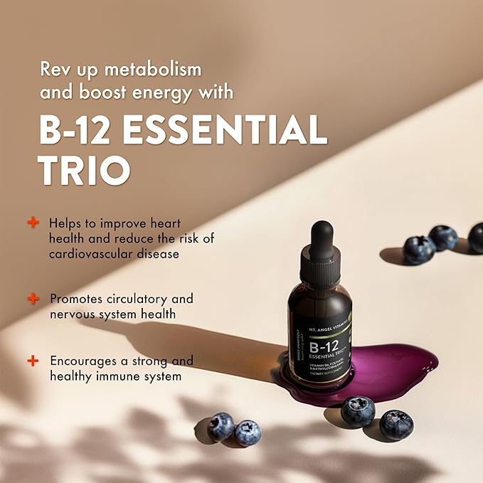 Mt. Angel Vitamins - B12 Essential Trio - Vegan Sublingual Drops with High-Potency Methyl B12, B6 & Folate - Easy Absorption Liquid - Non-GMO, Made in USA