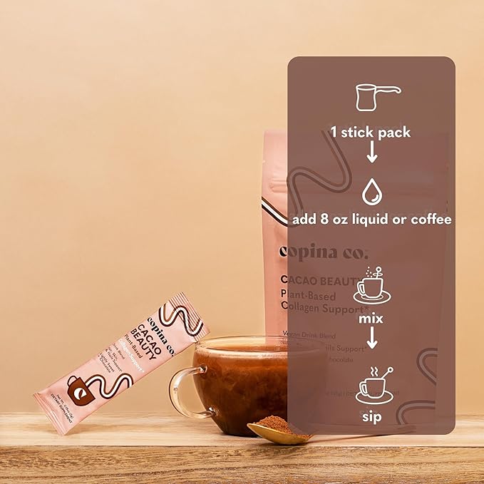 Cacao Beauty Vegan Collagen Booster Drink Blend: Plant-Based Collagen Support Smoothie Drink Vegan Blend Variety Pack | Cacao Flavor | 10 Individual Stick Packs per Carton