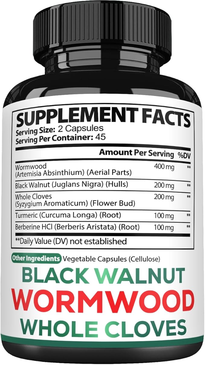 Satoomi 5 in 1 Wormwood Capsules Supplement - with Black Walnut Cloves Turmeric and Berberine HCl - 90 Capsules - Immune System & Digestion Health