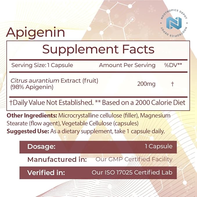 Nootropics Depot Apigenin Capsules | 200mg | 120 Count | >98% Apigenin | Supports Healthy Stress Levels