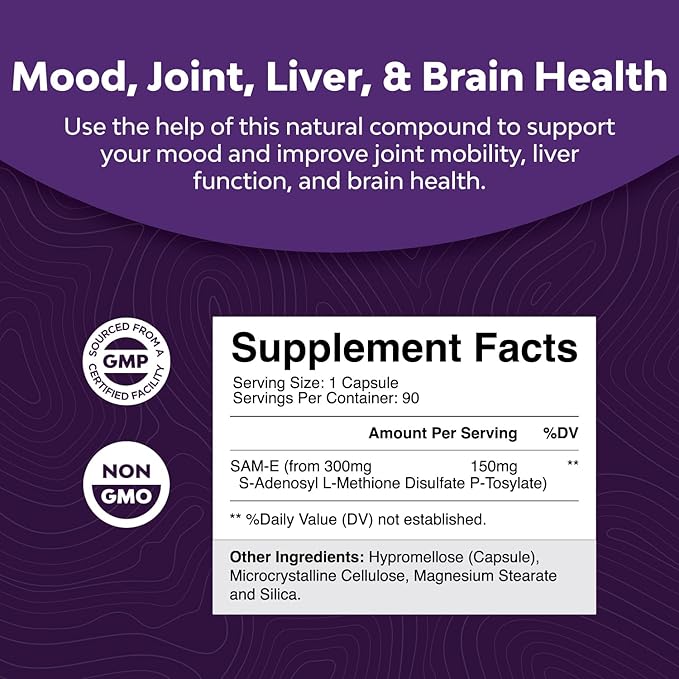 Pure SAM E Supplement 150mg - Nootropic Same 150mg Per Serving for Memory & Brain Support, Joint & Liver Health - Natural S-adenosylmethionine for Mood Balance - 90 Capsules