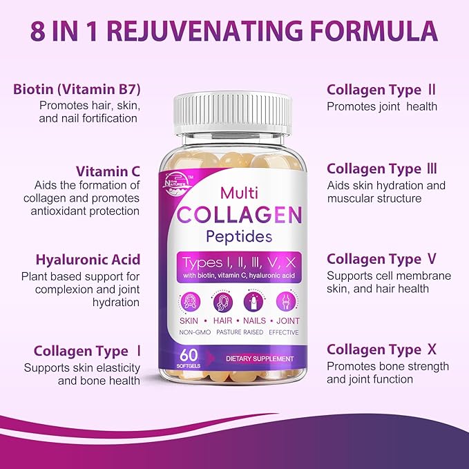 Multi Collagen Peptides Softgel - Type I, II, III, V, X - Hydrolyzed Collagen Peptides with Biotin, Vitamin C, Hyaluronic Acid, Supports Skin Hair Nail, Grass-Fed, Non-GMO, 60 Softgel, 3 Pack