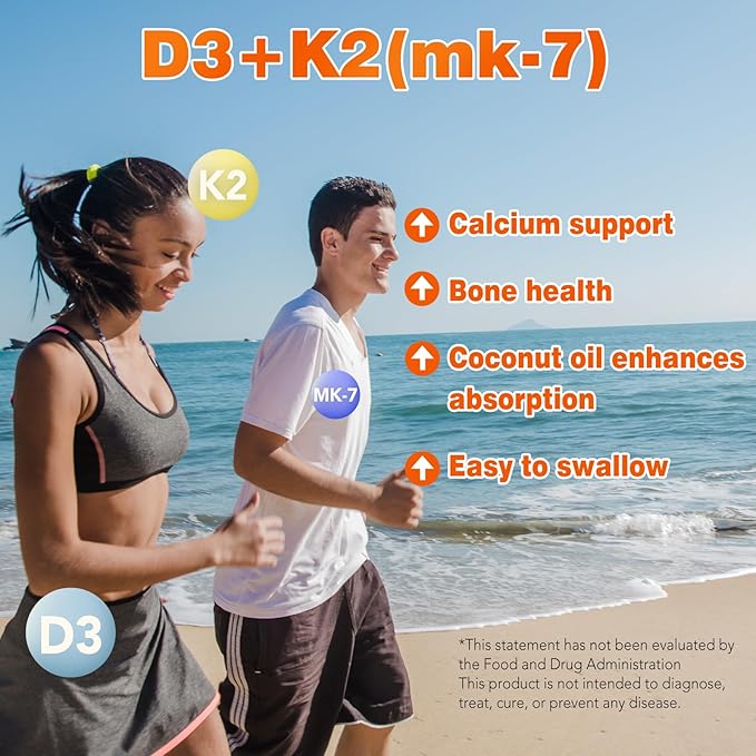 VEV Vitamin D3 Con K2 10000 IU, 300 Virgin Coconut Oil Softgels, 2 in 1 Vitamins Supplement D & K (Include MK7), Easy to Swallow, Supports Calcium Absorption, Bone Health(Packaging May Vary)