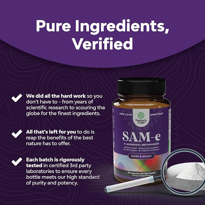 Pure SAM E Supplement 150mg - Nootropic Same 150mg Per Serving for Memory & Brain Support, Joint & Liver Health - Natural S-adenosylmethionine for Mood Balance - 90 Capsules