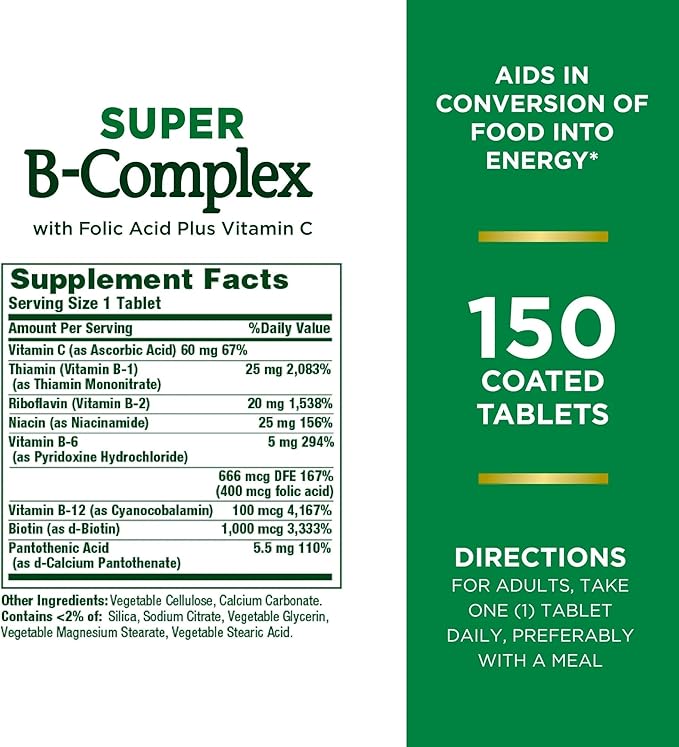 Nature's Bounty Super B-complex with Folic Acid Plus Vitamin C, 300 Tablets (2 X 150 Count Bottles)