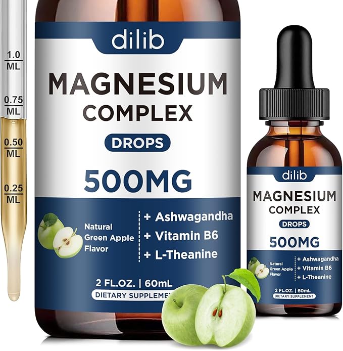 Triple Magnesium Complex Supplement-Magnesium Glycinate, Citrate, Malate Liquid Drops 500mg with Ashwagandha, L-Theanine, B6 for Calm, Stress Relief, Sleep, Muscle Support-Green Apple Flavor