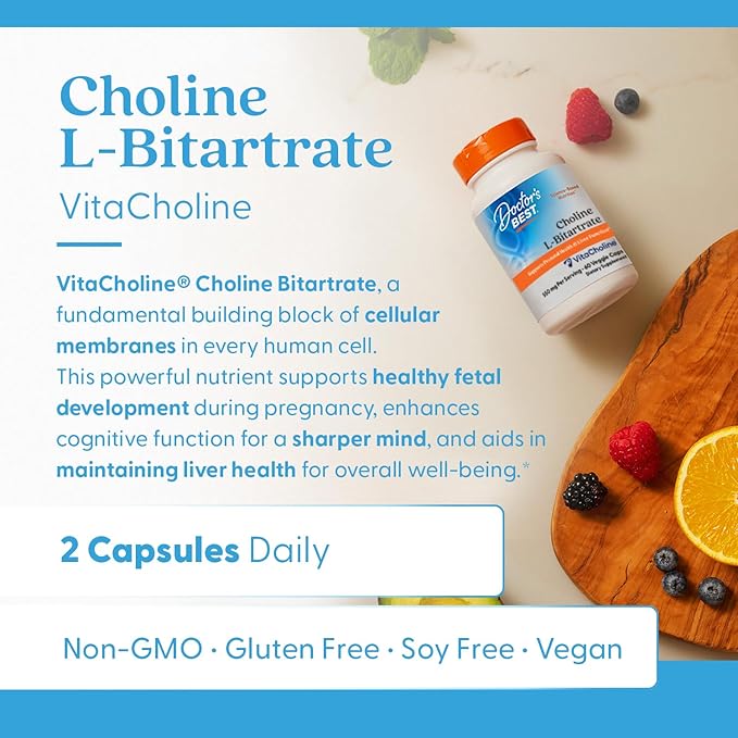 Doctor's Best Choline L-Bitartrate (VitaCholine), Supports Prenatal Health & Liver Function, Non-GMO, Gluten Free, Soy Free, Vegan 60 Veggie Caps