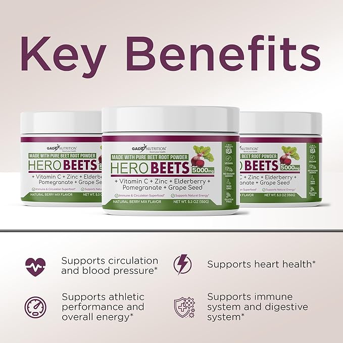 Gade Nutriition Hero Beets - Organic Beet Root Powder - Non-GMO Superfood Supplement - with Elderberry, Pomegranate, Grape Seed - Natural Berry Flavor, 30 Servings