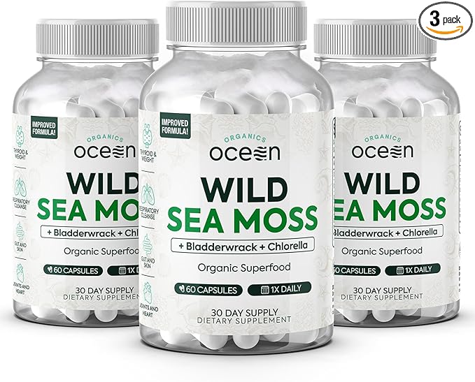 Wild Sea Moss Capsules - 100% Organic Irish Sea Moss with Organic Chlorella, Bladderwrack and Vitamin D for Energy, Lung Health and Thyroid Support for Women and Men - 3 Bottles