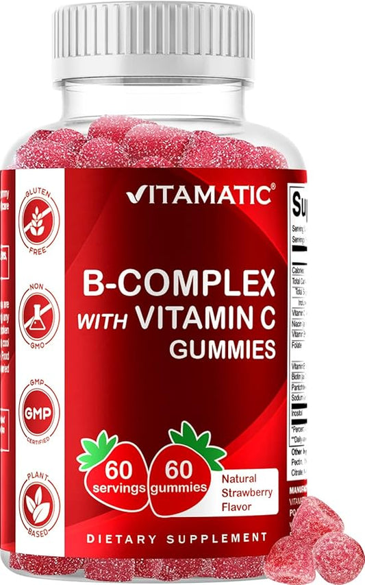 Vitamatic Vitamin B Complex Gummies with Vitamin C & Inositol - Natural Strawberry Flavor - 60 Gummies (1 Bottle)