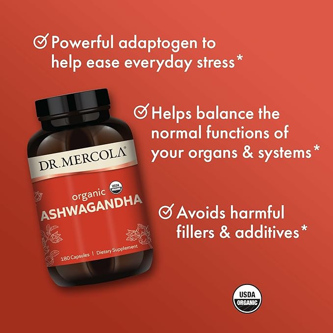 Dr. Mercola Organic Ashwagandha - Supports Energy Production & Adrenal Health - 800 mg Per Serving - Non-GMO, Gluten-Free & Soy-Free - Certified USDA Organic - 180 Capsules (90 Servings)