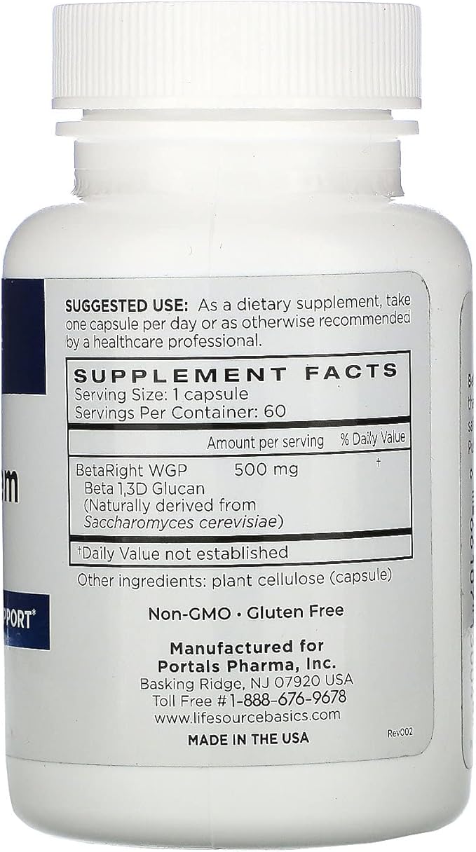 Life Source Basics Immune System Support Activator - High Purity Beta 1,3/1,6 Glucan - Immunity and Vitamin Supplement Non-GMO & Vegan Friendly for Men & Women, Gluten-Free 500 mg - 60 Capsules