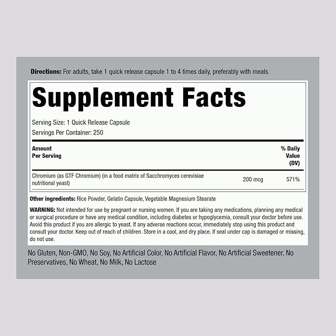 Piping Rock GTF Chromium 200 mcg | 250 Capsules | Glucose Tolerance Factor Supplement | Non-GMO & Gluten Free