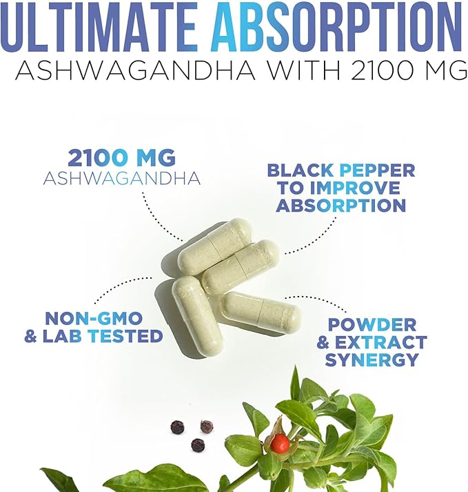 Ashwagandha Supplement 2100mg - Extra Strength Herbal Root Extract, Best Ashwagandha Supplements for Men & Women, Restore, Unwind, Calm Support Formula, Vegetarian, Non-GMO, Gluten-Free, 120 Capsules