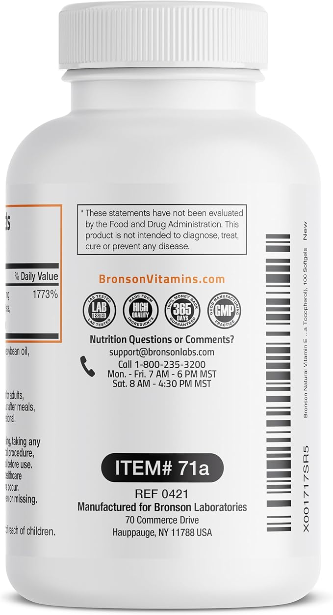 Bronson Natural Vitamin E Complex 400 I.U. Supplement (d-Alpha Tocopherol Plus d-Beta, d-Gamma, & d-Delta Tocopherols), Natural Antioxidant, 100 Softgels