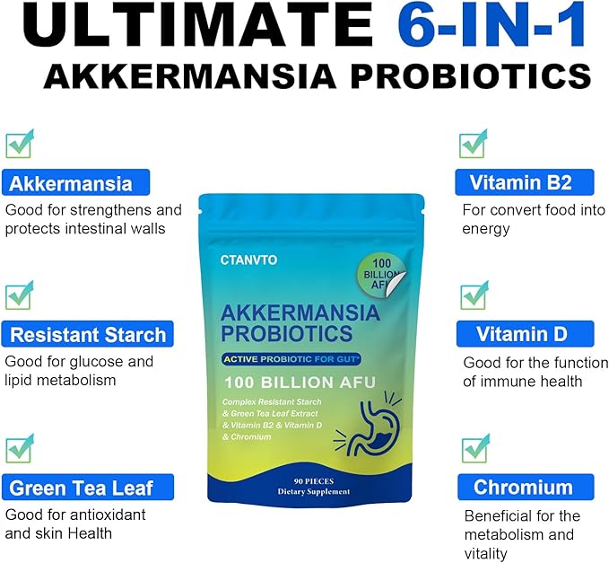 Akkermansia Probiotic with Prebiotic Fiber 100 Billion Live Strain Increase GLP-1 Production, Green Tea Extract, Vitamin B2, Vitamin D, Chromium for Gut Health for Men & Women (90 Capsules, 1-Pack)