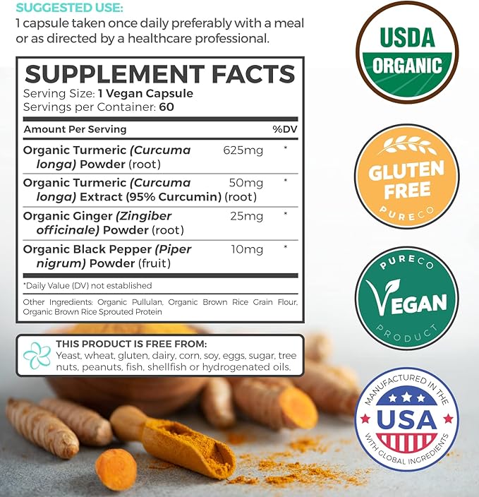 USDA Organic Turmeric Curcumin with Black Pepper and Ginger (2 Month Supply) Joint Support Supplement with Tumeric and Ginger Root Powder - Organic Turmeric Supplement - 60 Vegan Capsules (No Pills)