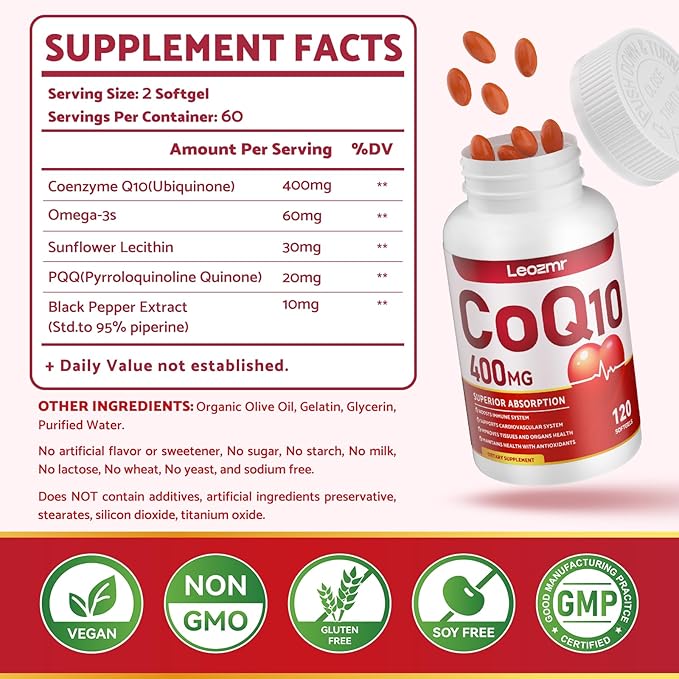 CoQ10-400mg-Softgels with PQQ, BioPerine & Omega-3, Coenzyme Q10(Ubiquinone) Supplement for High-Absorption, Powerful-Antioxidant, Support Heart & Energy-Production, 120 Servings