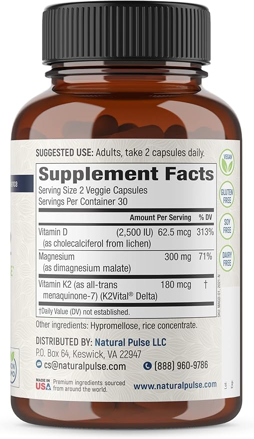 Magnesium Malate + Vegan Vitamin D3 + Stabilized Vitamin K2, Complete Support Supplement for Cellular Energy, Cardiovascular, Immune and Metabolic Health & Bone Strength, 90 Veggie Caps