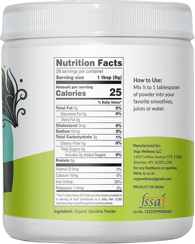Organic Spirulina Powder - Blue Green Algae Plant-Based Superfood Blend - Antioxidant-Rich with Chlorophyll, Vitamins & Minerals for Cleansing, Energy & Immunity Support - Vegan, Non-GMO - 8 oz