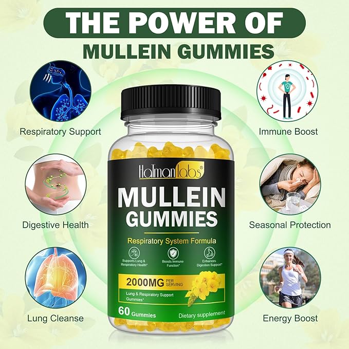 120 Count Mullein Gummies for Lungs, 2000 MG(50:1 Extract) Mullein Leaf Extract for Lung Cleanse and Respiratory Support, Natural Mullein Herbal Supplement, Pear Flavor Gummies