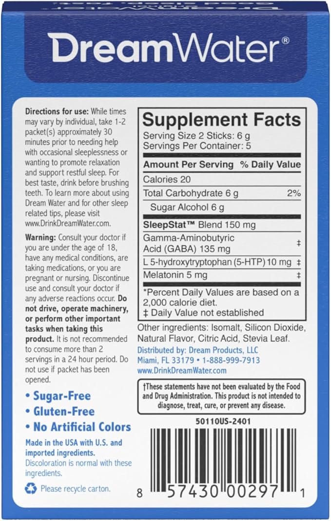 Dream Water Sleep Aid Powder; Melatonin 5mg, GABA, 5-HTP; Natural Flavors; Helps You to Fall Asleep, Fast, and Wake Refreshed; Snoozeberry, 10-Count