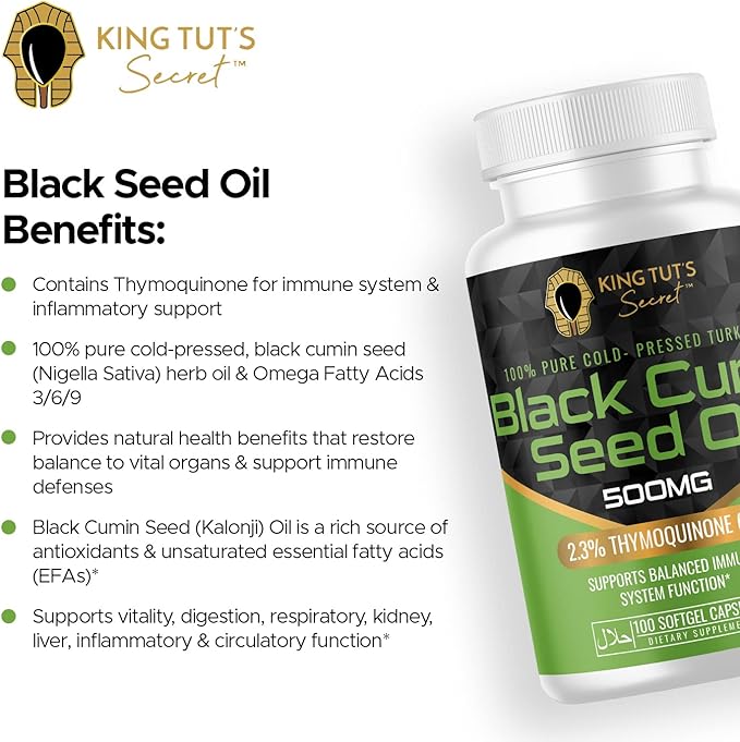 KING TUT'S SECRET Black Seed Capsules - 500 mg 100 Softgels - Nigella Sativa Extract, Black Cumin Supplement for Hair, Antioxidant Support, Immune System - Halal Black Seed Cumin Oil Capsules