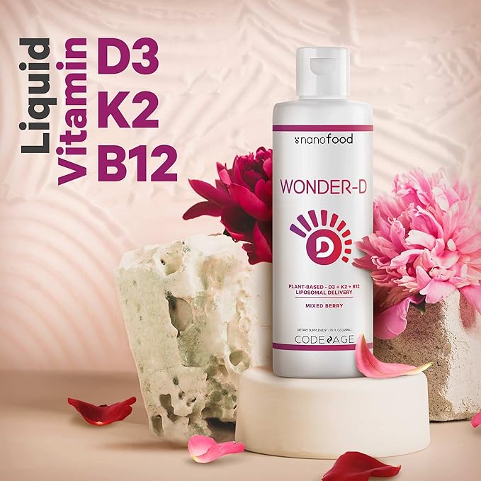 Codeage Liposomal Wonder-D, Vegan Cholecalciferol Vitamin D3 1000 IU Liquid Drops Supplement, Plant-Based Vitamins B12 & K2, Non-GMO Sunflower Phospholipids, Vitamin E, Mixed Berry Flavor, 7.6 fl oz