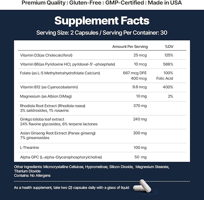 Prime Brain Supplement | Nootropic for Memory, Focus & Cognitive Support | Includes Phosphatidylserine, Alpha GPC, L-Theanine & Ginkgo Biloba | 60 Capsules