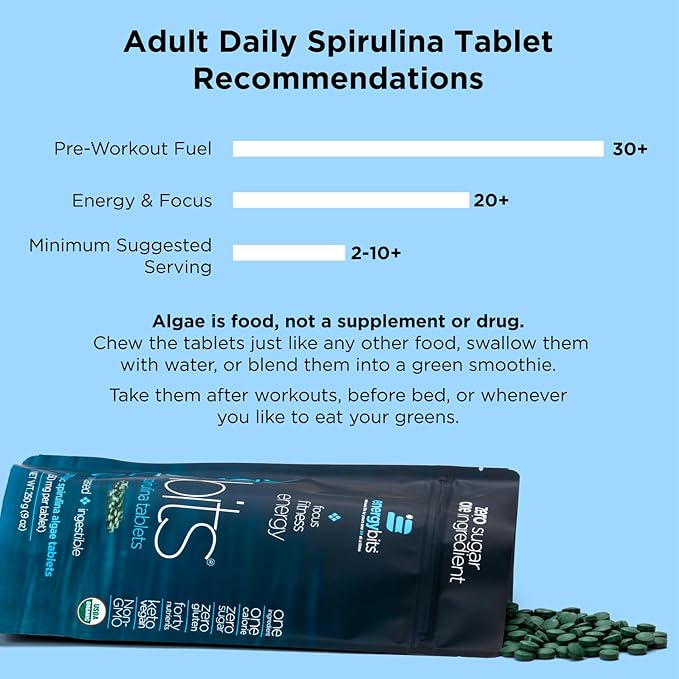 ENERGYBITS - Organic Spirulina Tablets - Plant-Based Algae Superfood - for Focus, Fitness, Energy - Plant Protein - Gluten Free - Collagen, Vitamin B12, Omega 3 - Keto & Vegan - 900 Algae Tablets