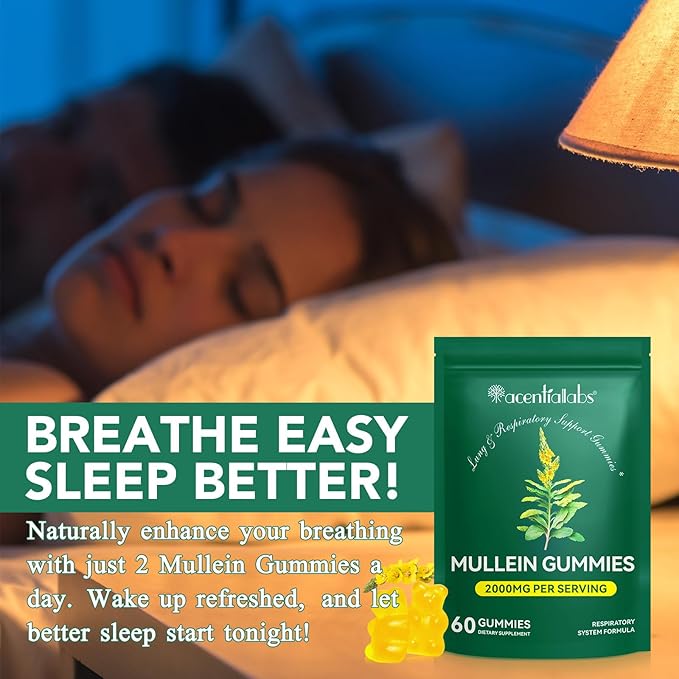 Mullein Gummies - Mullein Leaf Extract for Lungs, 2000mg Mullein Gummies for Lungs Detox, Respiratory Digestive Immune Support, 60 Count