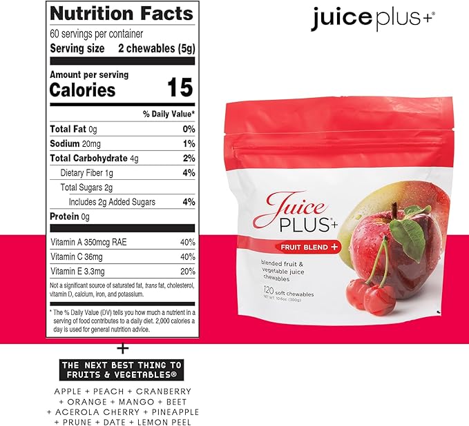 JuicePlus+ Fruit & Vegetable Blend Soft Chews - Tasty Vegan Fruit and Veggie Gummy Vitamins for Adults & Kids - 4 Month Supply (4 Pouches, 30 Chews Each)