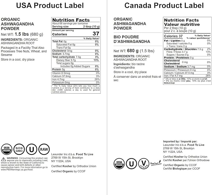 Food to Live Organic Ashwagandha Root Powder, 1.5 Pounds - Non-GMO, Finely Ground Indian Ginseng, Pure, Raw, Vegan. Easy to Mix. Adaptogenic Herb.